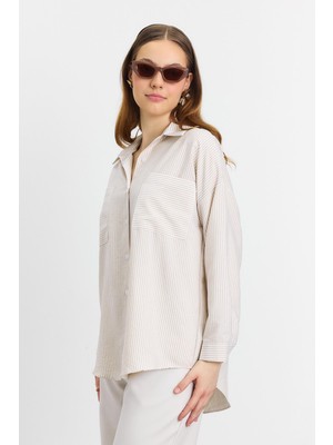 Rays 4294A Çizgili Cepli Gömlek Bej