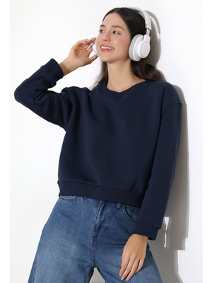 Şardonlu Oversize Bisiklet Yaka Geniş Kalıp Sweatshirt 21614 Lacivert