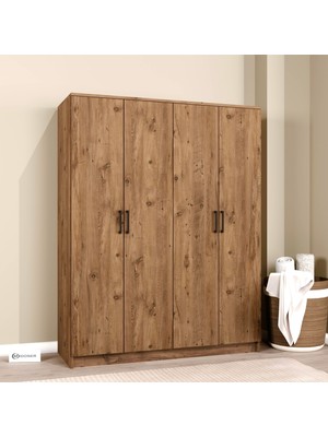 Midoser Kardelen Serisi 140  cm  Atlantik Çam 4 Kapılı 5 Raflı Elbise Dolabı - Gardırop
