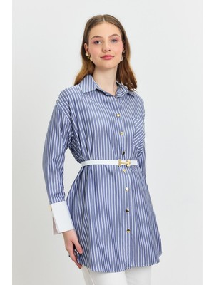 Rays 4298A Çizgili Kemerli Tunik Saks