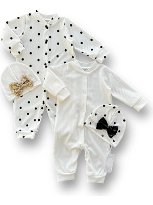 Diji Baby 0-3 3-6 6-9 Ay Payetli Şapka Çıtçıt Kapamalı Puantiyeli ve Düz 2 Li Kombin Kız Bebek Tulumları