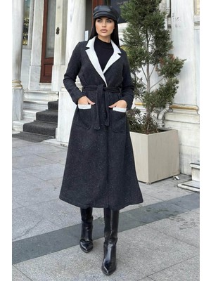 Siyah Çift Taraflı Kruvaze Yaka, Kuşaklı, Yumoş Dokulu, Duble Kaşe Uzun Ceket