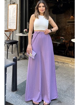 Kadın Lila Beli Lastikli, Cepli, Bol Paça Özel Kumaş, Rahat Kalıp Pantolon - Tesettüre Uygun