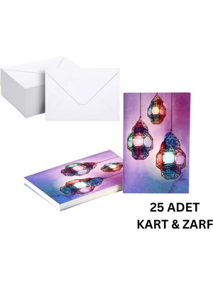 Ramazan Fener Temalı Hediye ve Tebrik Kartı (6x8 Cm) & Beyaz Zarf Seti (7x9 Cm), 25 Adet