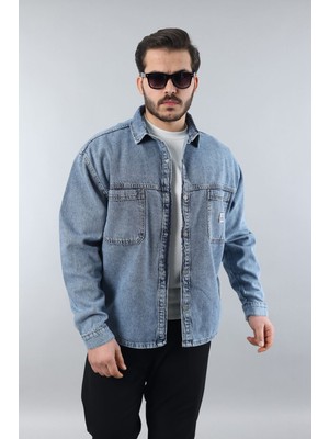 Erkek Geniş Kalıp Pamuklu Jean Ceket Tarz Açık Mavi Gömlek