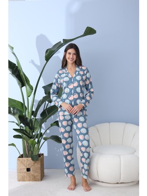 Kadın 30001 Boydan Düğmeli Uzun Kol Pijama Takımı Mavi