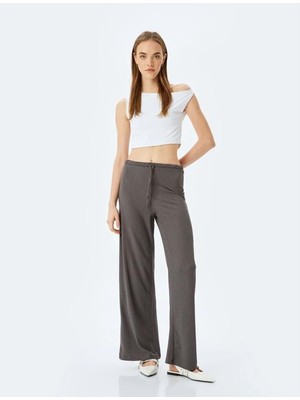 Beli Bağcıklı Yüksek Bel Bol Paça  Pantolon 5SAL40050IK - Koton - Antrasit - S