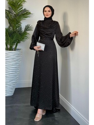 Areka Taşlı Kuyruklu Degaje Yaka Abiye Siyah
