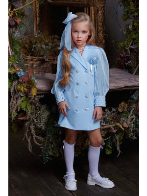 Kız Çocuk Bilekleri Inci Boncuk Işlemeli Kolları Şeffaf Kumaş Taş Düğme Detaylı Mavi Elbise