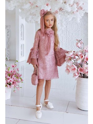 Kız Çocuk Boydan Üzeri Dantel Işlemeli Fiyonk Detaylı Ispanyol Kollu Gül Kurusu Elbise