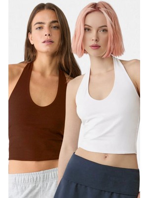 Vodens Kadın Beyaz Kahve 2'li Halter Yaka Crop Top Body