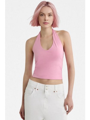Vodens Kadın Pembe Halter Yaka Crop Top Body