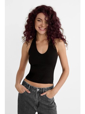 Vodens Kadın Siyah Halter Yaka Crop Top Body