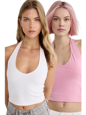 Vodens Kadın Pembe Beyaz 2'li Halter Yaka Crop Top Body