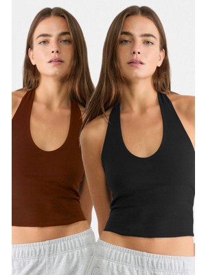 Kadın Siyah Kahve 2'li Halter Yaka Crop Top Body