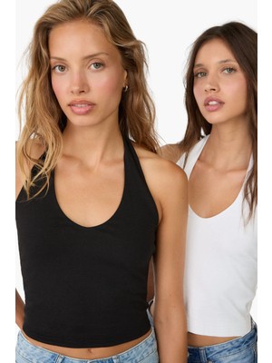 Vodens Kadın Siyah Beyaz 2'li Halter Yaka Crop Top Body