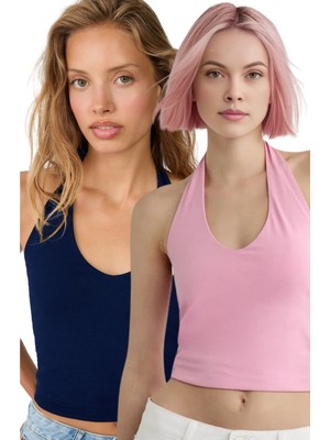 Vodens Kadın Lacivert Pembe 2'li Halter Yaka Crop Top Body
