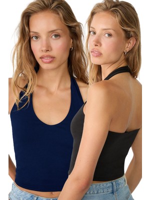 Kadın Lacivert Siyah 2'li Halter Yaka Crop Top Body