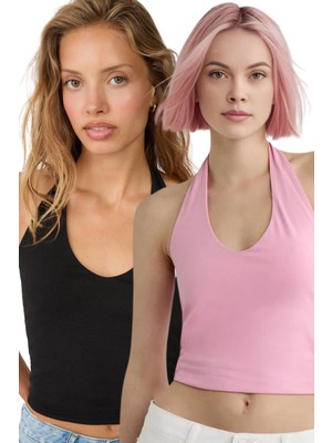 Vodens Kadın Siyah Pembe 2'li Halter Yaka Crop Top Body
