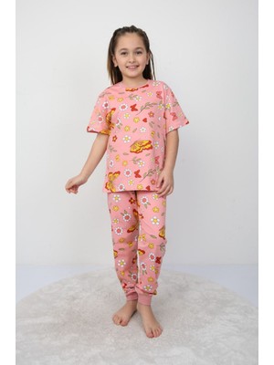 Isob Pembe Kelebek Desenli %100 Pamuk Kız Çocuk Kısa Kollu Pijama Takımı 3-8 Yaş 21208-P