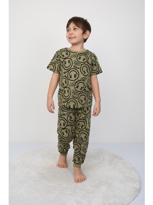 Isob Yeşil Gülen Surat Desenli %100 Pamuk Erkek Çocuk Kısa Kollu Pijama Takımı 8-13 Yaş 41503-Y