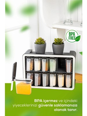 12'li 250 ml Standlı Kendinden Yapışkanlı Kaşıklı Baharatlık Seti Siyah