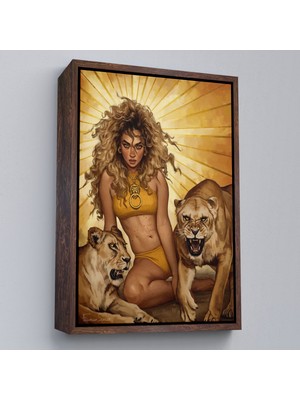 Marsilyan Çerçeveli Aslanlarla Oturan Sarışın Vahşi Kadın Kanvas TABLO-5278