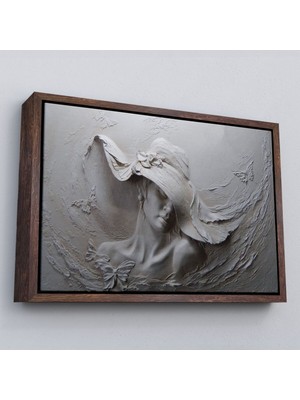 Marsilyan Çerçeveli Kabartma Görünümlü Şapkalı Kadın Kanvas Duvar Tablosu -3424