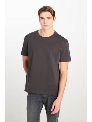 %100 Pamuk Relaxed Fit Geniş Kesim Bisiklet Yaka Antrasit Basic T-Shirt