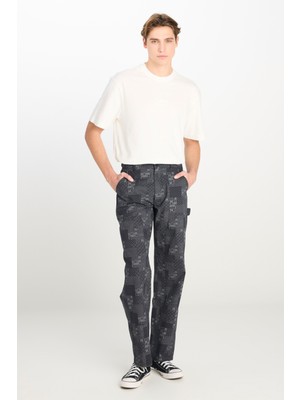 %100 Pamuk Carpenter Fit Geniş Kesim Desenli Siyah Pantolon