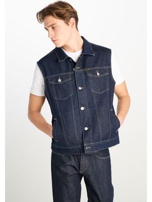 %100 Pamuk Relaxed Fit Geniş Kesim Lacivert Denim Yelek