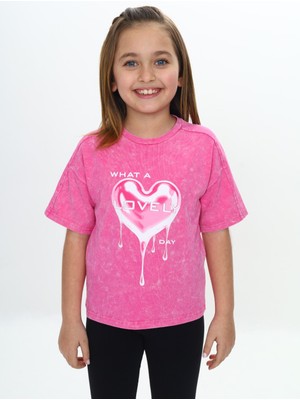 Toontoy Kız Çocuk Yıkamalı Kalp Baskılı Tişört