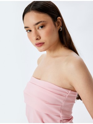 Koton Kolsuz Straplez Yaka Slim Fit Drapeli Ribanalı Üst