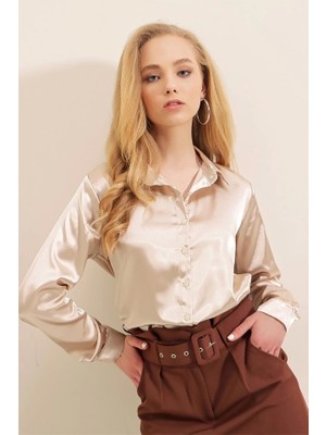 3964 Hafif Dökümlü Saten Gömlek - Bej