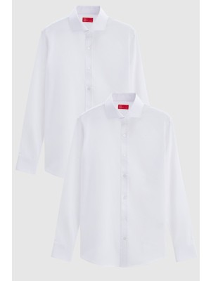 D'S Damat Ds Damat Slim Fit Beyaz Italyan Yaka Dar Kesim Klasik Kravatlık  Uzun Kollu Kolay Ütülenebilir Nefes Alan 2'li Gömlek 2HF02ORTBN86