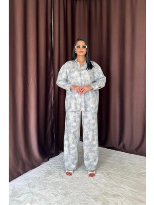 Defy Moda Mavi Leopar Desenli Ceket ve Pantolon Keten Takım