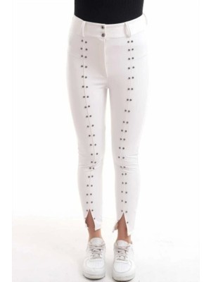 Beyaz Taş Işlemeli Deri Tayt