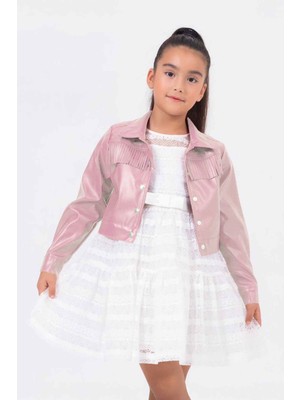 Miniğimin Cicileri Dantel Detaylı Beyaz Elbise ve Püsküllü Deri Ceket Kız Çocuk Takımı - Pembe