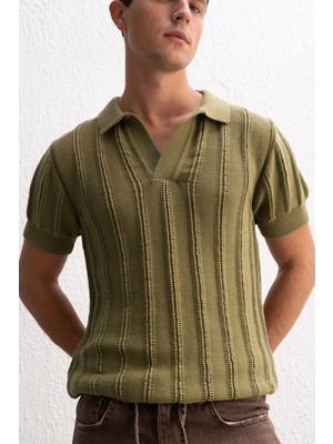 Dokulu Polo Yaka Triko Haki T-Shırt