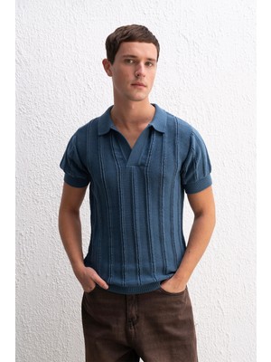 Dokulu Polo Yaka Triko Indigo T-Shırt