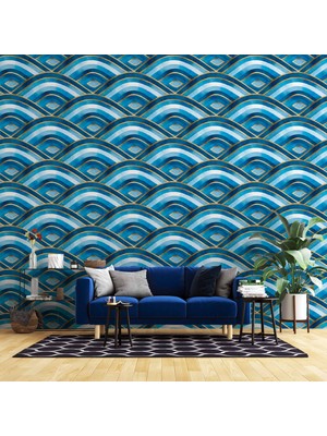 Mavi Dalgalı Suluboya Desenli Duvar Kağıdı