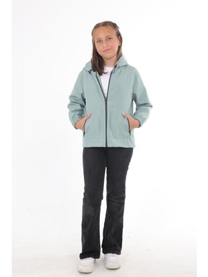 Kız Çocuk Mint Yeşili Içi Astarlı Su ve Rüzgar Geçirmez Kapüşonlu Çift Fermuarlı Cepli Yağmurluk Y-15-C-K