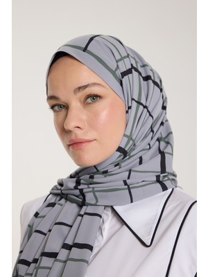 Pure Tone Şal - Kare Desen - Gümüş - Yeşil Laci