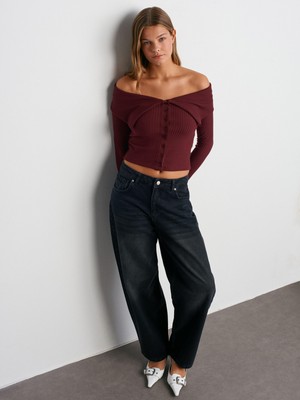 71732 Arkası Kuşaklı Balon Denim Pantolon-Siyah