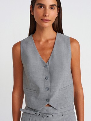 Dilvin 60562 Kısa Özel Dikim Yelek-Açık Gri