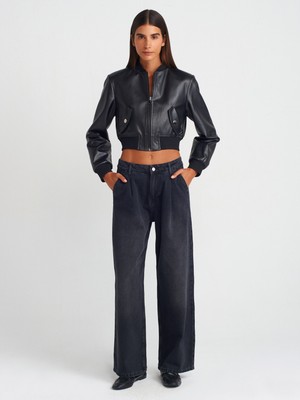 Dilvin 71733 Pileli Geniş Denim Pantolon-Siyah