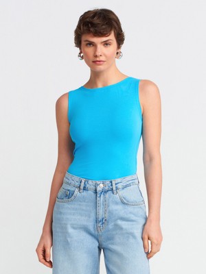 20868 Kayık Yaka Kolsuz Top-Turkuaz
