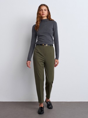 Dilvin 71293 Kemerli Yüksek Bel Pantolon-Beyaz