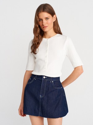 10731 Bisiklet Yaka Fitilli Düğmeli Ince Triko Bluz-Ekru