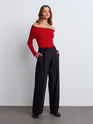 Dilvin 71602 Kemerli Süper Geniş Paça Pantolon-Siyah